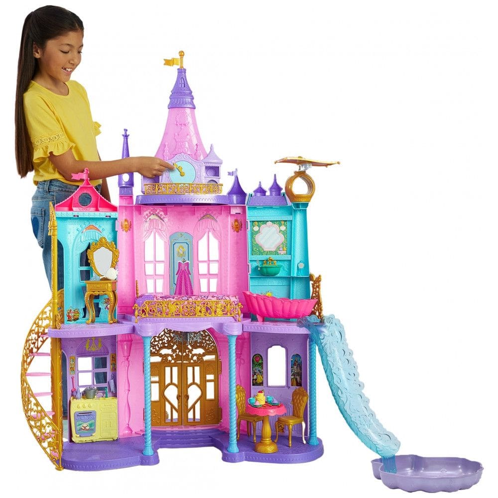 Castelo de Princesas com Luzes e Sons, 3 Níveis e 25 Peças de Mobiliário e Acessórios, Mattel Disney, Rosa.