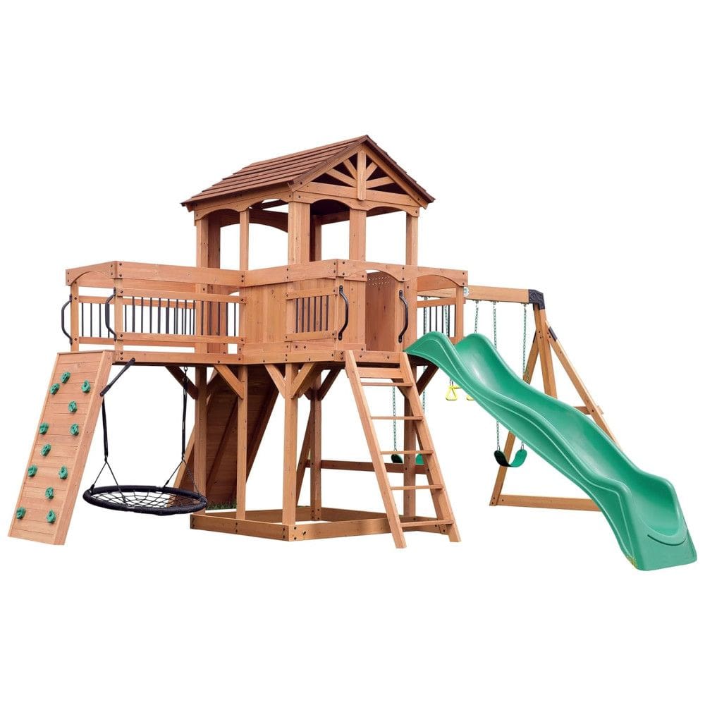Playground Infantil de Madeira com Parede de Escalada, Varanda, Ponte, Escorregador, 2 Balanços de Cinto e 1 Balanço de Teia