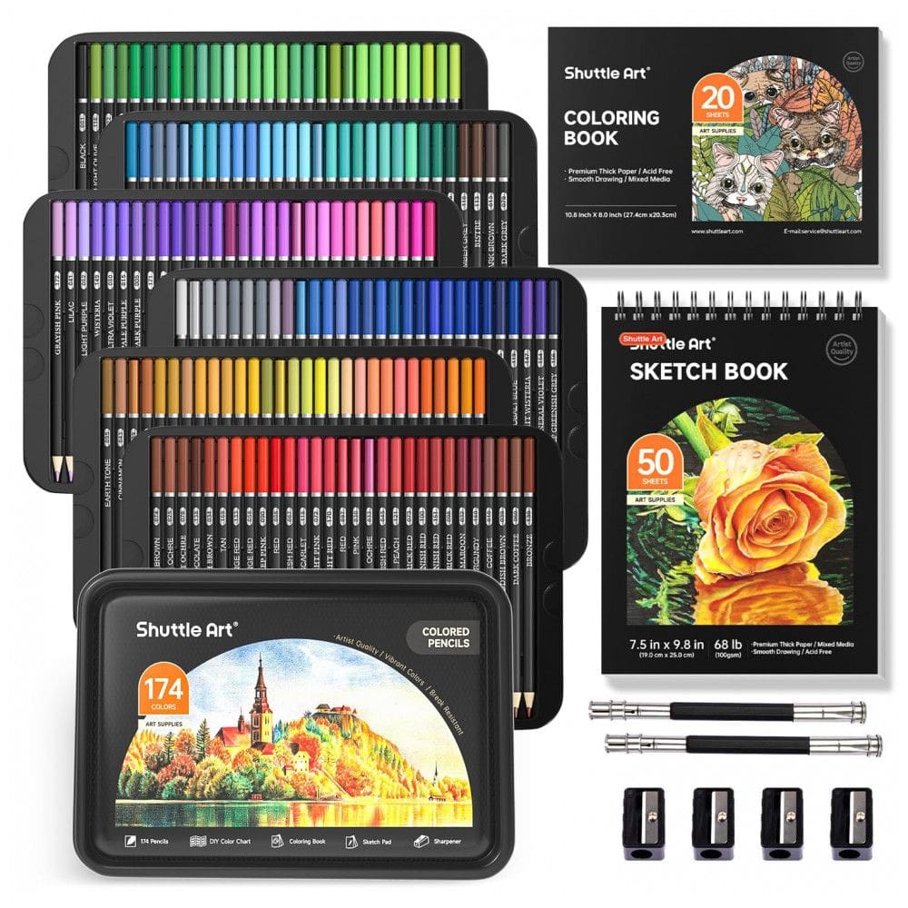 Conjunto de Lápis de Cor Profissional com 174 Cores, Shuttle Art - Ideal para Colorir e Desenhar - Inclui Livro de Colorir e Bloco de