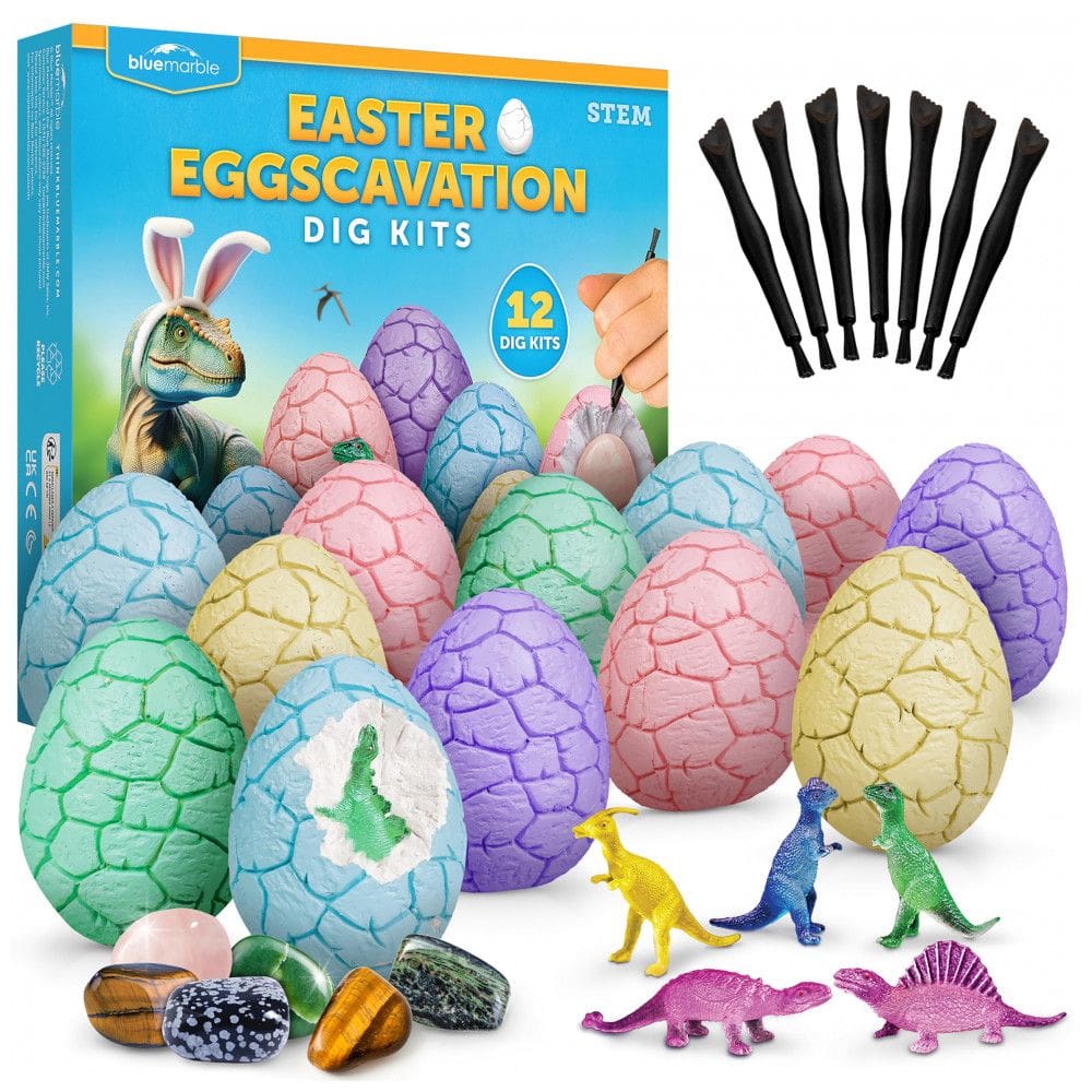Kit de Escavação Ovo de Páscoa – 12 Blocos com Gemas Reais e Dinossauros que Brilham no Escuro, Brinquedo Educativo STEM