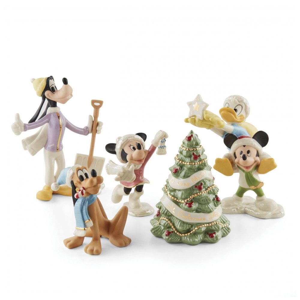 Conjunto de 5 Figuras Decorativas Lenox Disney Winter Fun em Porcelana Bege com Detalhes em Ouro 24K, Altura 12 cm