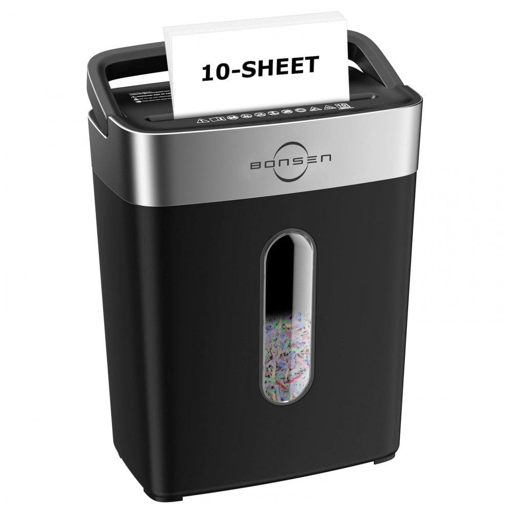 Fragmentadora de Papel Bonsen 10 Folhas Cortes Cruzados para Casa e Escritório, Nível de Segurança P4, Alça Portátil, Cesto de 15 Litros