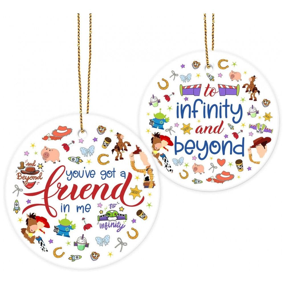 Enfeite Cerâmico 34HD 2025 Disney, Você Tem um Amigo em Mim até o Infinito e Além, Presente de Natal Cartunesco e Decorativo em Branco