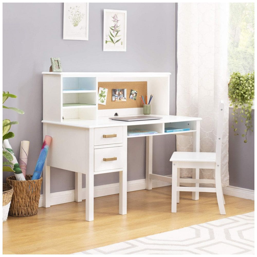 Escrivaninha infantil Guidecraft Taiga branca com hutch, gavetas, nichos e cadeira em madeira para estudo e uso de computador