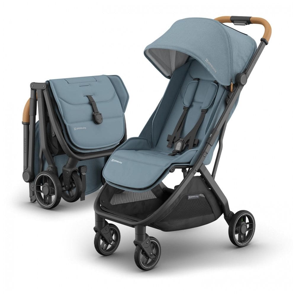 Carrinho de Bebê UPPAbaby Minu V3 Dillan Azul Stone/Carbono Sand Couro, Dobrável com uma Mão, Capota UPF 50+, 1 Lugar