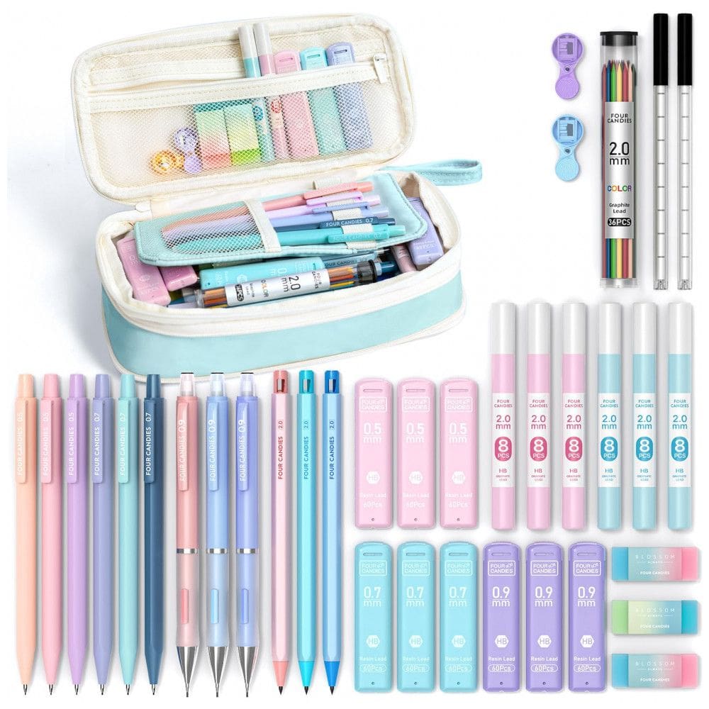 Conjunto 36 peças Four Candies azul com estojo e lapiseiras 0,5 mm, 0,7 mm, 0,9 mm e 2,0 mm para escrita e desenho