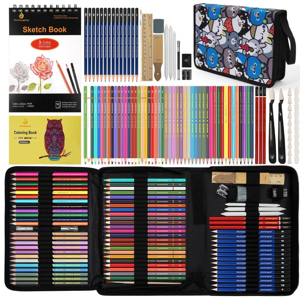 Kit de desenho 100 peças Daerthotk com lápis grafite, cor, aquarela, metálico, sketchbook 3 cores, livro para colorir e estojo