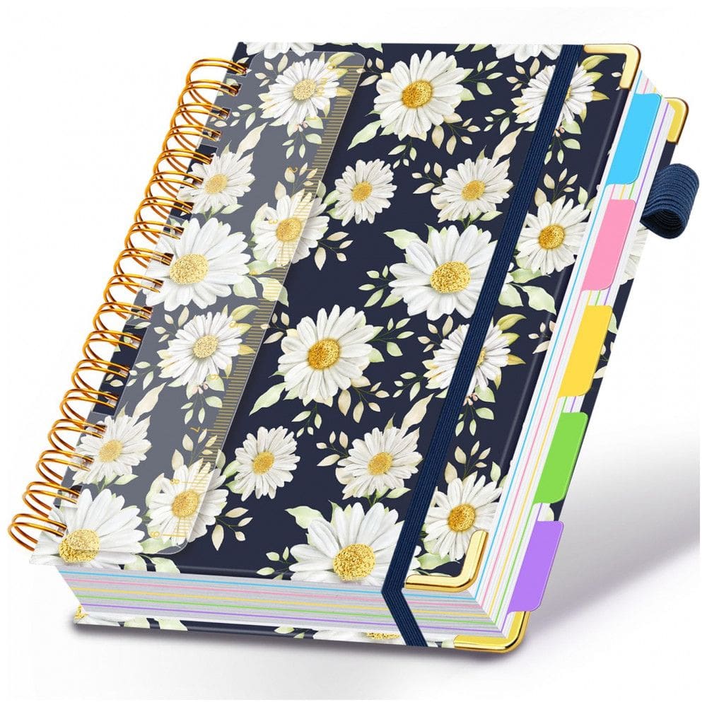 Caderno universitário espiral HDhuiun 8x10, 5 matérias, 300 páginas pautadas, divisórias com bolsos e abas, capa floral margaridas brancas