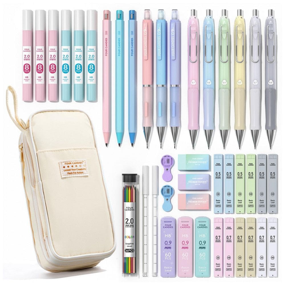 Conjunto 42 peças Four Candies creme com estojo e lapiseiras 0,5 mm, 0,7 mm, 0,9 mm e 2,0 mm para escrita e desenho