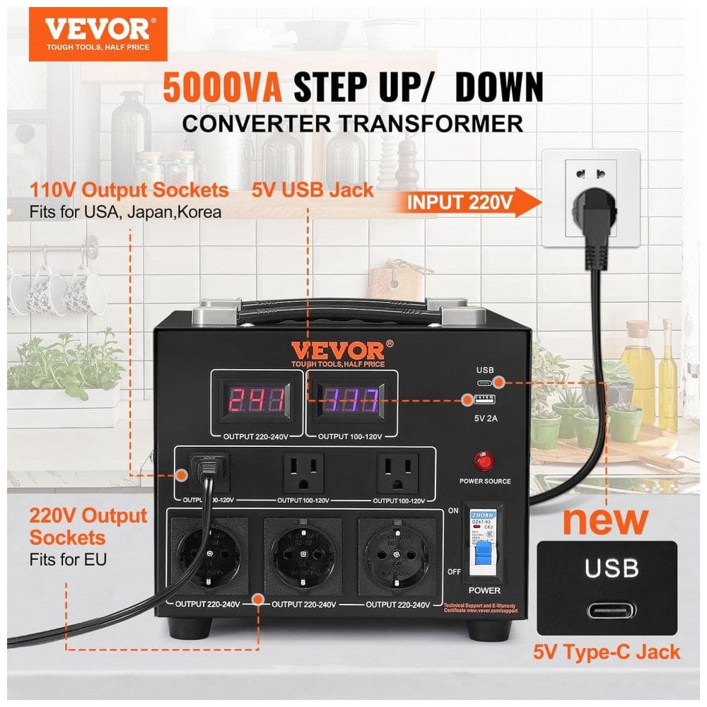 Transformador (Conversor) de Voltagem VEVOR 5000W Elevação/Redução 110V para 220V/220V para 110V 3 US 3 EU USB Type-C 2 LED CE FCC