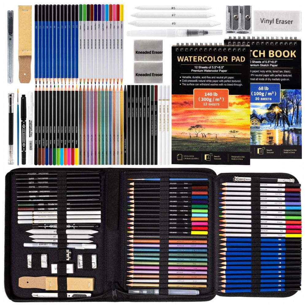 Kit de desenho profissional Drawdart 76 peças com estojo, cadernos de desenho e aquarela, lápis de grafite, carvão, aquarela