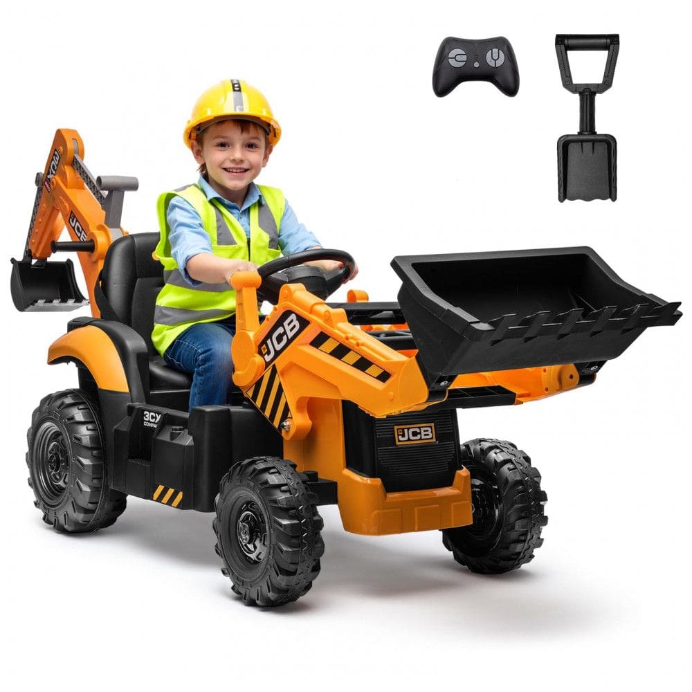 Carro Elétrico Infantil 2 Lugares Escavadeira 3 em 1, JCB 3CX Licenciado, 24V, 2 Motores 120W, Controle Remoto, Banco Reversível
