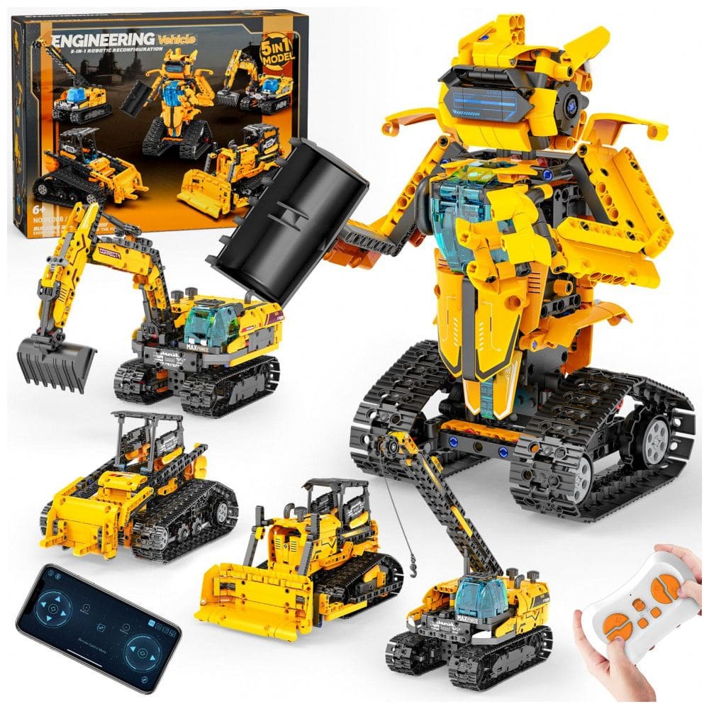 Kit 5 em 1 Robô STEM QHECTTY controle remoto e app 736 peças veículos de construção