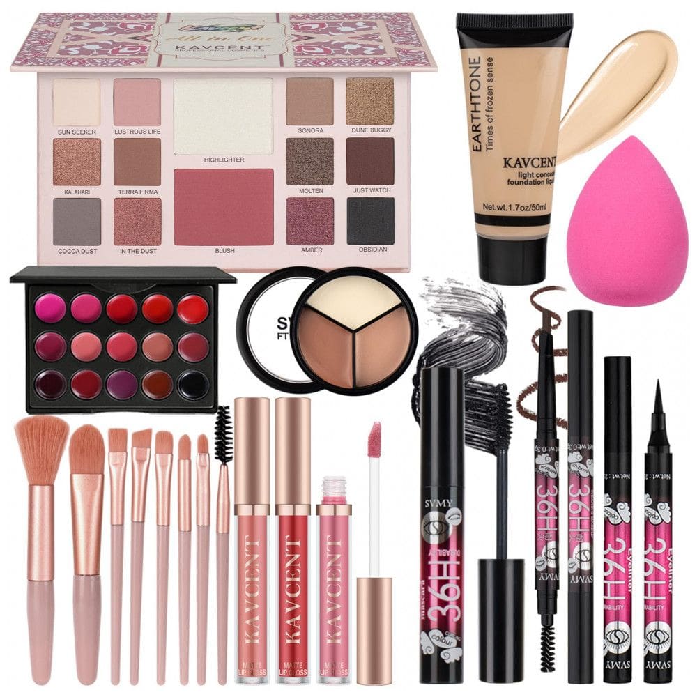 Kit Maquiagem Completo KAVCENT Paleta Sombras Batom Gloss Foundation Líquida Corretivo Máscara Delineador Pincéis para Teens e Mulheres