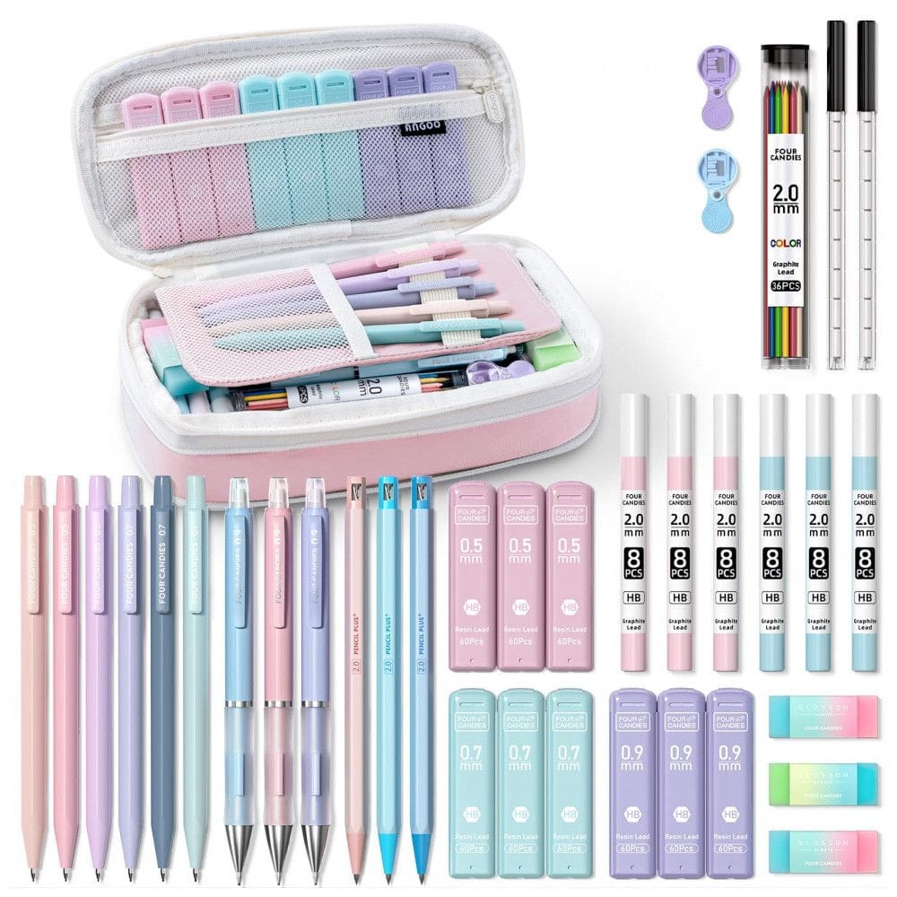Conjunto 36 peças Four Candies rosa com estojo e lapiseiras 0,5 mm, 0,7 mm, 0,9 mm e 2,0 mm para escrita e desenho