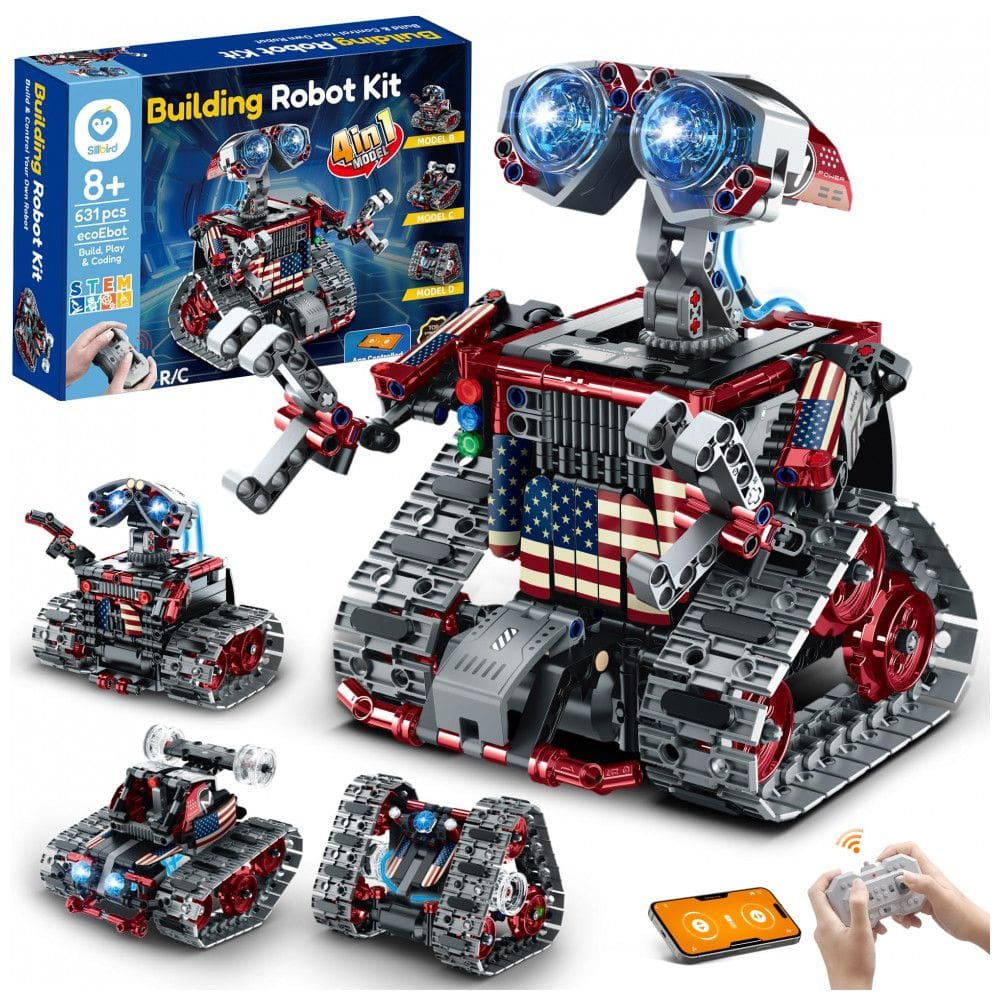 Kit robô e carro de esteira 4 em 1 Sillbird com 631 peças, controle remoto e app, robótica STEM para crianças a partir de 6 anos ?