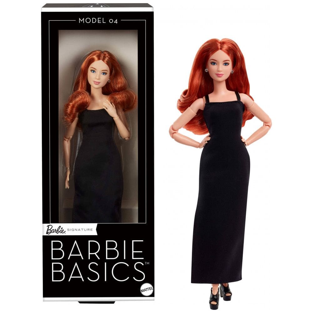 Boneca colecionável Barbie Basics Model 04 com cabelo cacheado ruivo, vestido preto e corpo articulado petite 2025