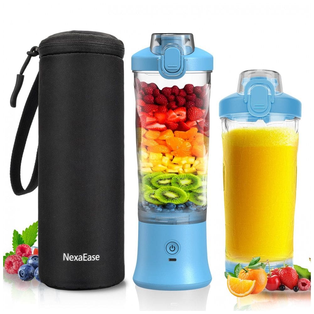 Liquidificador portátil NexaEase 600ml azul com capa térmica preta recarregável USB-C para shakes e smoothies