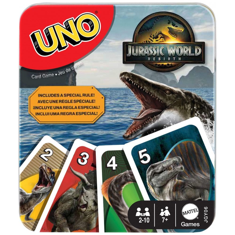 UNO Jurassic World Rebirth Mattel Games jogo de cartas em lata colecionável com regra especial Ataque do T. rex