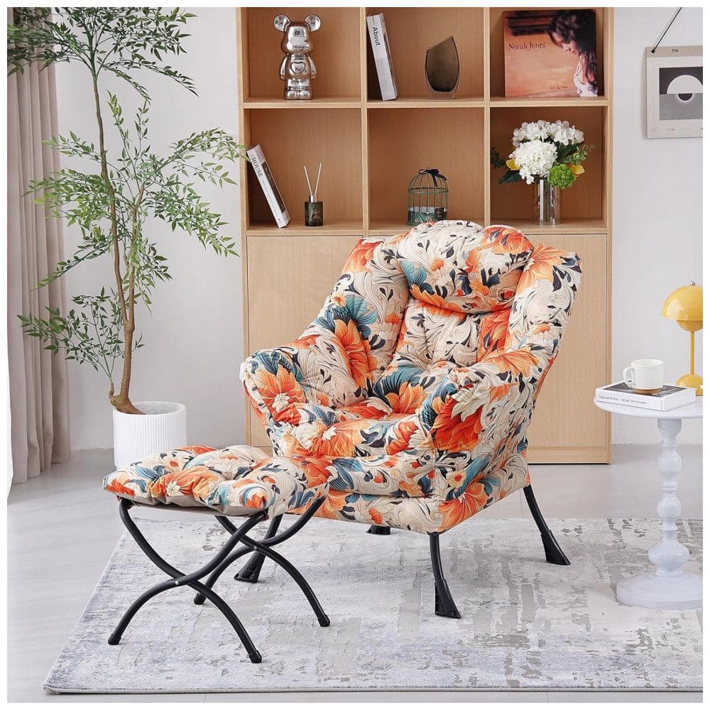 Cadeira reclinável Welnow com puff estofado branca com estampa floral laranja e bolso lateral para leitura e descanso
