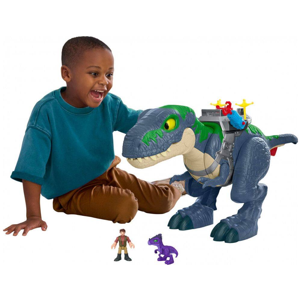 Playset dinossauro Fisher-Price Imaginext Jurassic World Rebirth Ultimate Action Chomp T. rex 46 cm com luzes, sons, movimento e 2 figuras