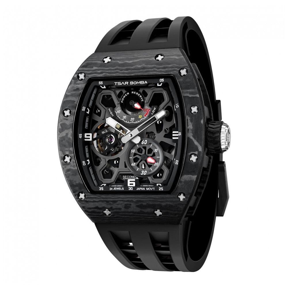 TSAR BOMBA Relógio Automático Masculino Mecânico com Caixa em Fibra de Carbono e Pulseira de Borracha FKM