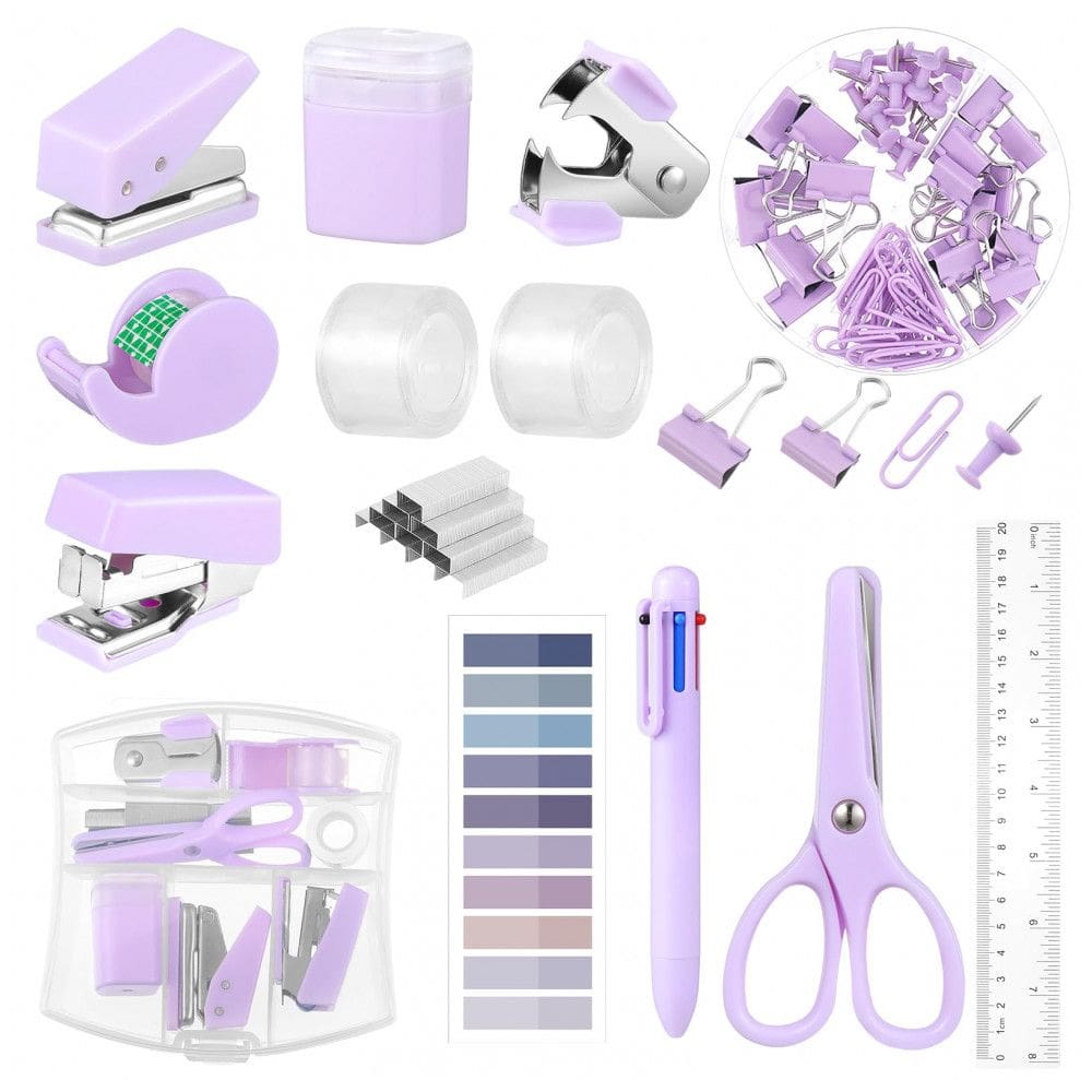 Kit mini escritório auroray roxo com grampeador, furador, dispenser de fita, clips e bloco de notas
