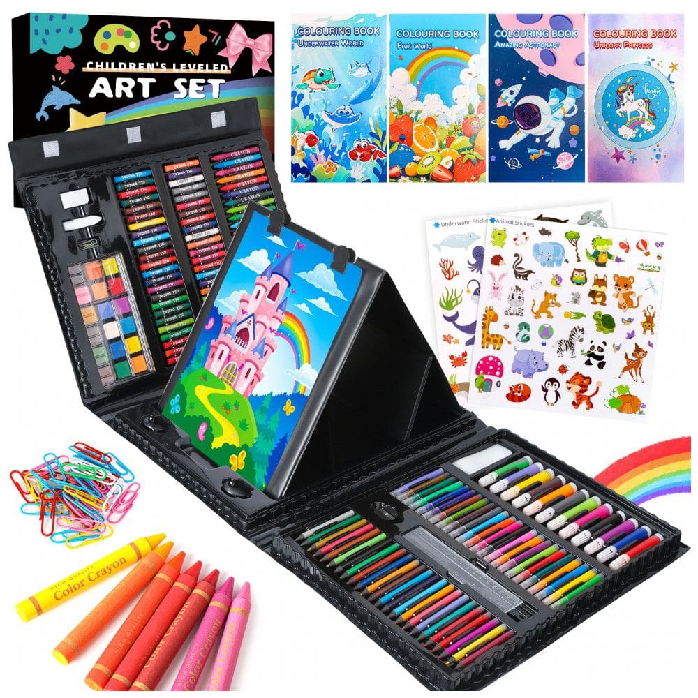 Kit de arte 332 peças TDHDIKE infantil com estojo preto, cavalete triplo dupla face, papéis, livros para colorir, pastéis e lápis