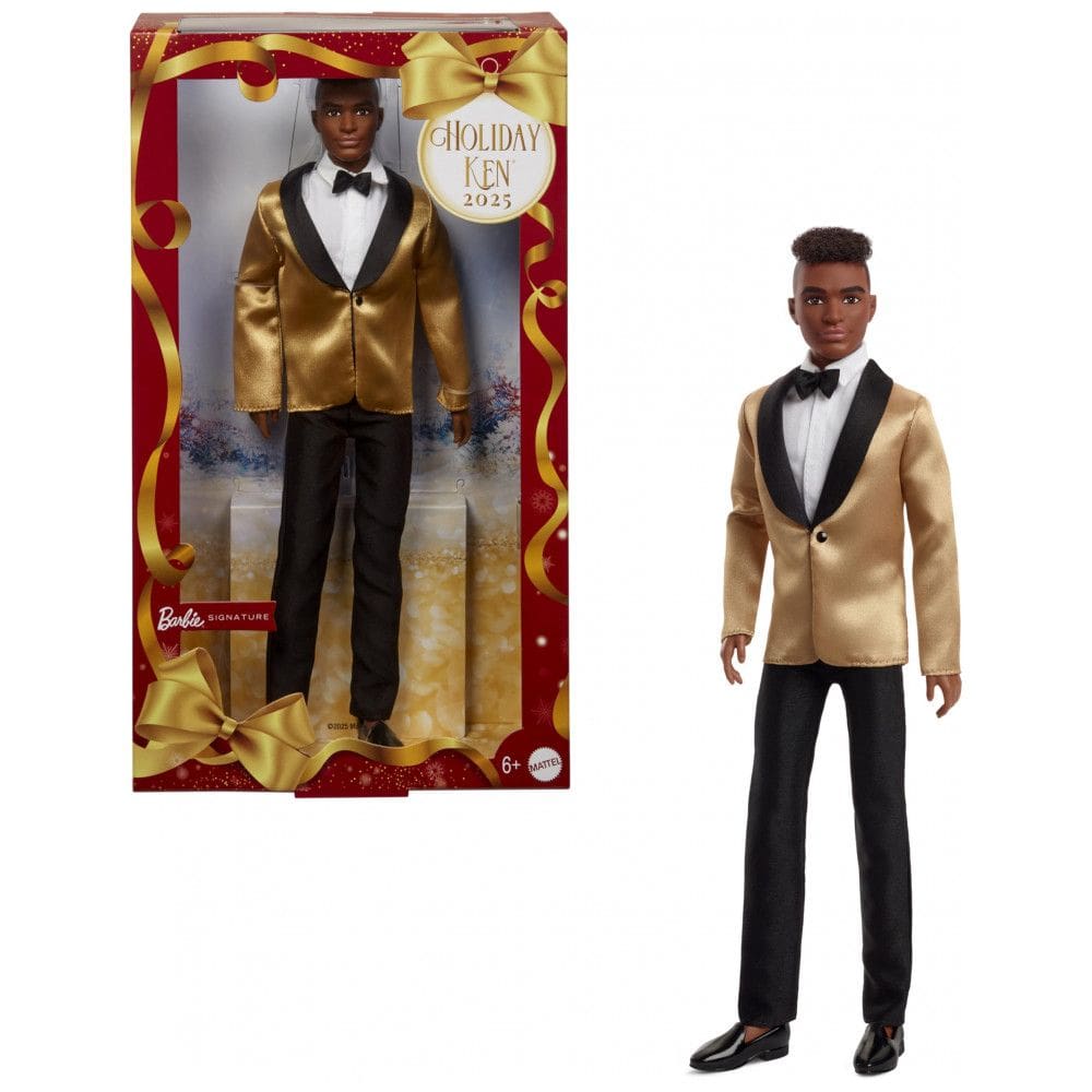 Boneco Barbie Signature Holiday Ken 2025 cabelo castanho escuro terno com blazer dourado base e certificado 2025