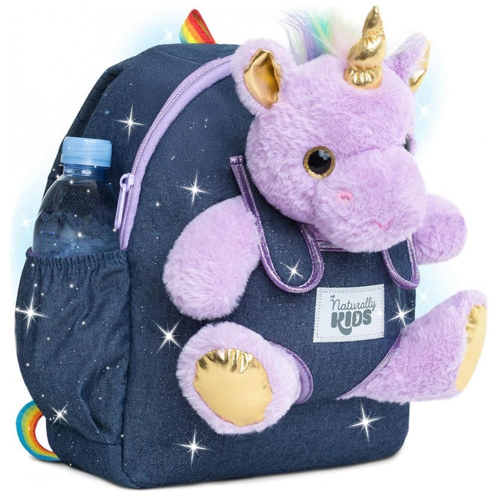 Mochila infantil média unicórnio roxo Naturally KIDS com pelúcia removível 29 cm