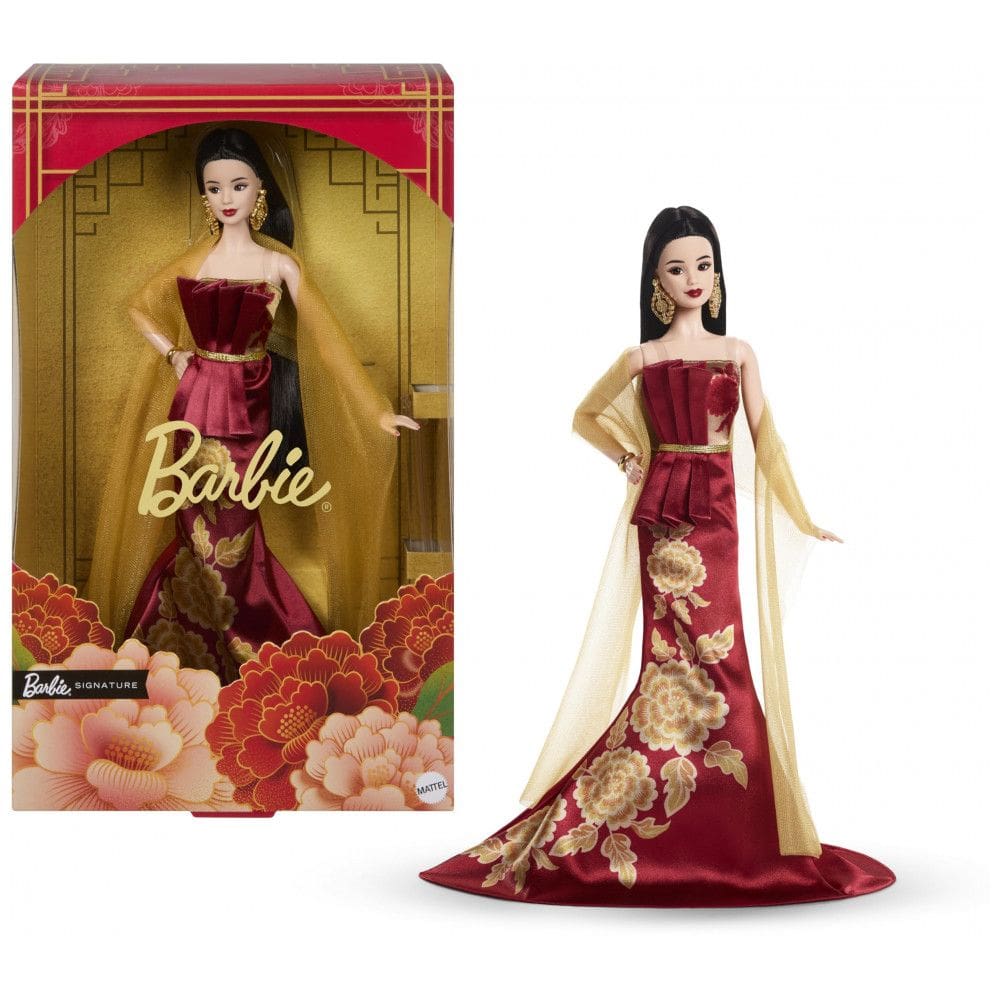 Boneca colecionável Barbie Signature Ano Novo Lunar com vestido vermelho e estampa de peônias douradas 2026