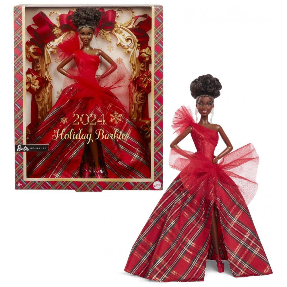 Boneca Barbie Signature Holiday 2024 com vestido xadrez e cabelo castanho preso em coque