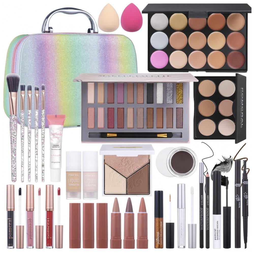 Kit Completo de Maquiagem Pomcral Paleta 20 Cores para Iniciantes Estojo Arco-Íris com Pincéis e Base