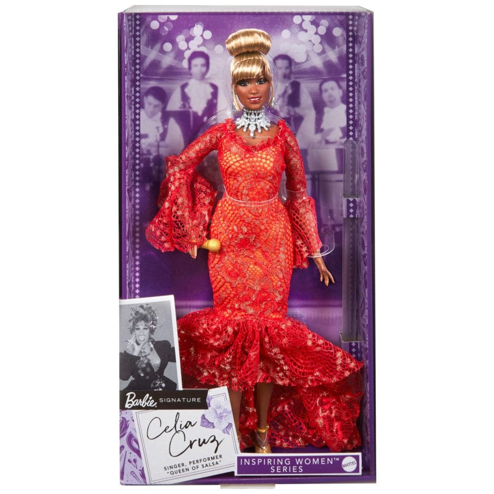 Boneca Barbie Signature Celia Cruz Inspiring Women Mattel colecionador vestido vermelho rendado microfone dourado articulada 2023