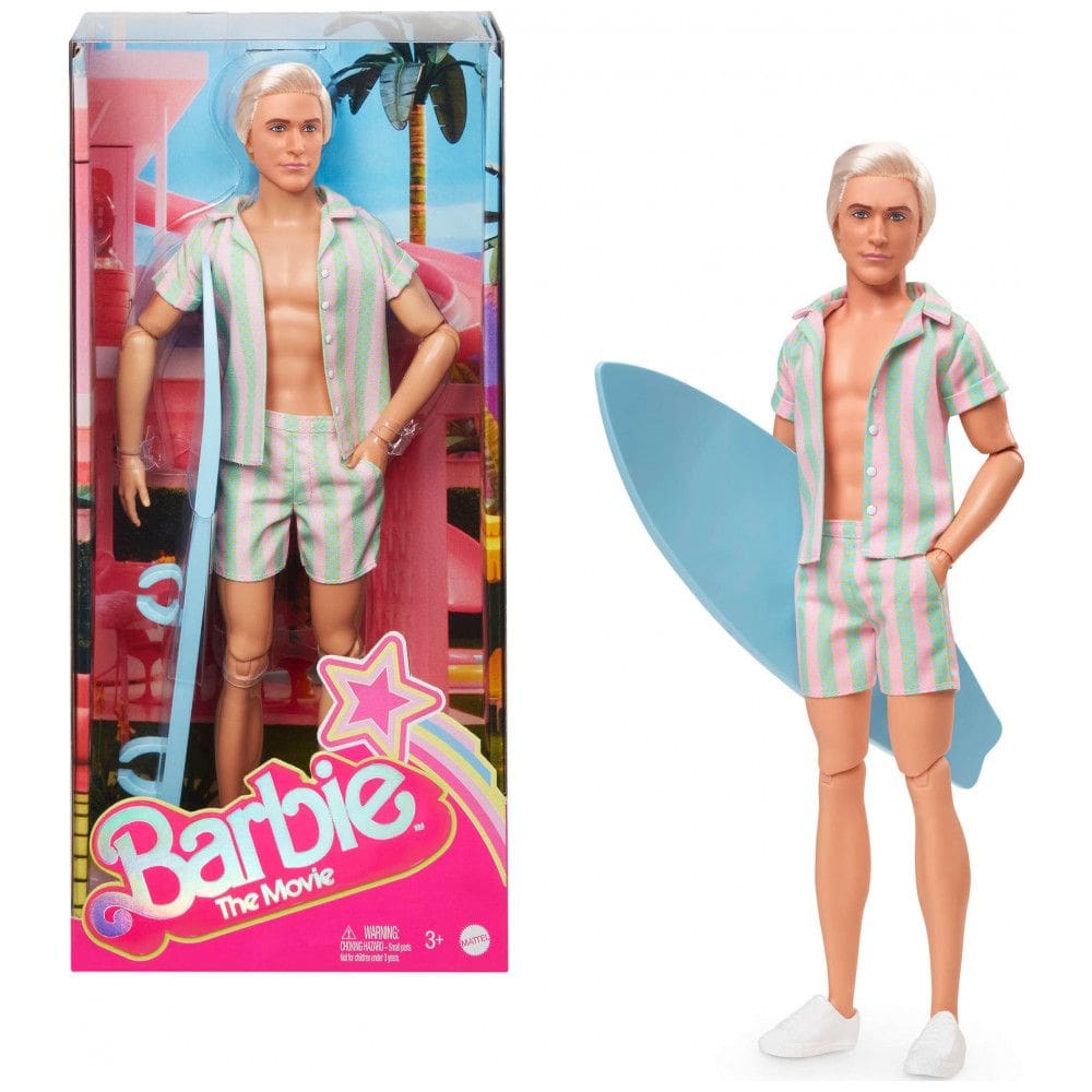 Boneco Ken Barbie The Movie conjunto listrado rosa e verde prancha de surf e tênis brancos corpo articulado embalagem expositora 2024