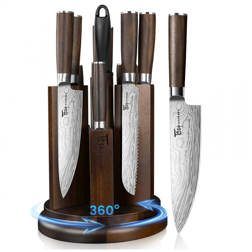 Conjunto de Facas de Cozinha SYOKAMI 14 Peças com Bloco Magnético 360° Rotativo e Afiador