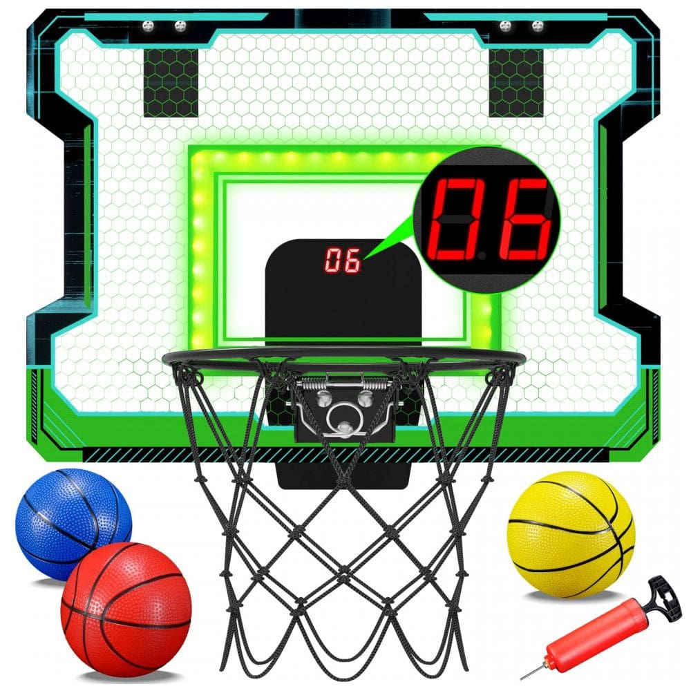 Mini Tabela de Basquete OKKIDY Verde e Preta com Placar Eletrônico LED Portátil para Porta Uso Interno e Externo