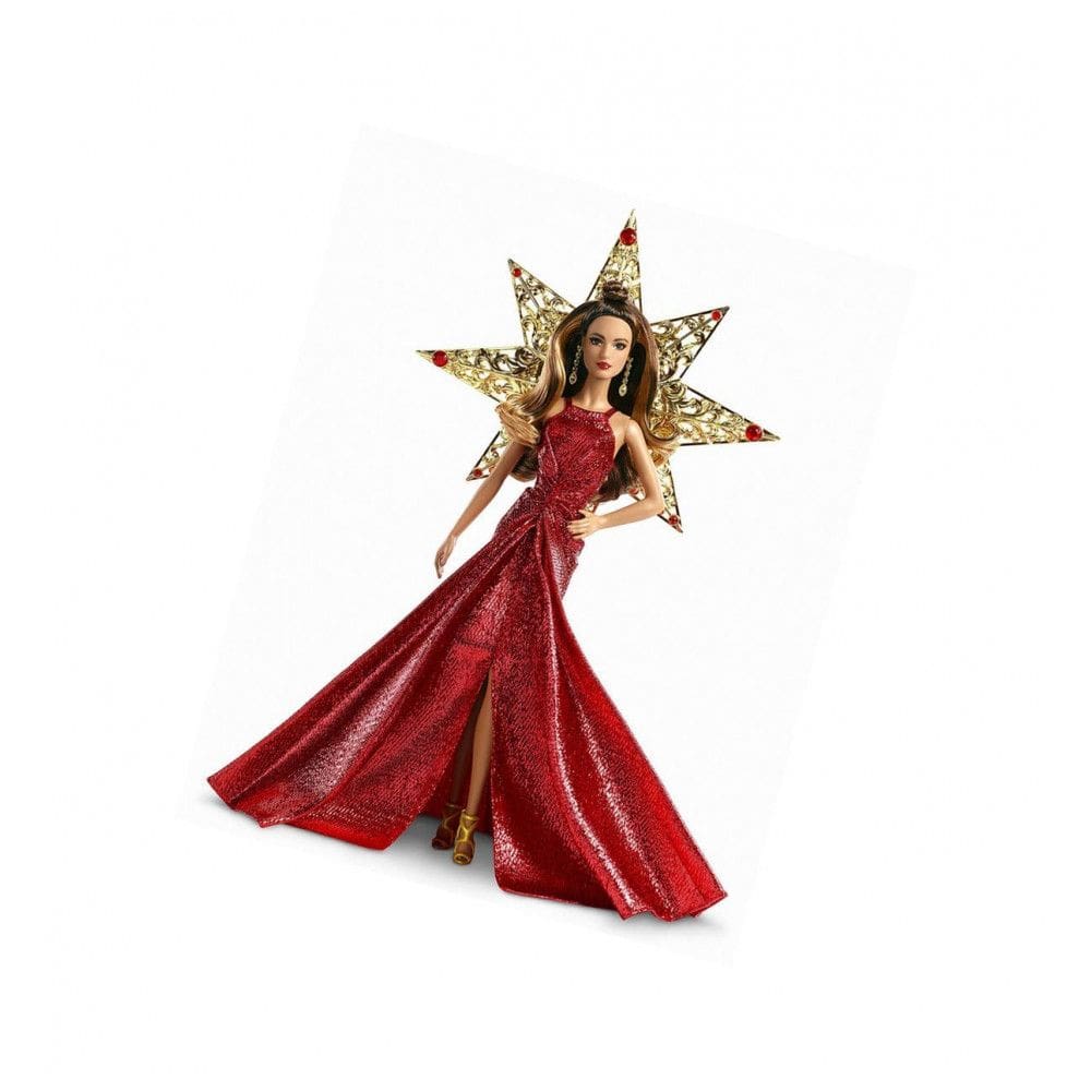 Boneca Barbie Signature 2017 Holiday Teresa Mattel colecionador morena vestido vermelho metálico estrela dourada suporte exposição