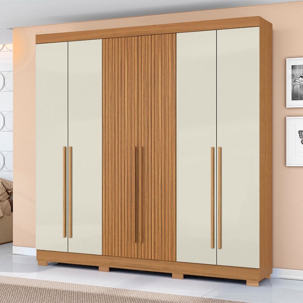 Guarda Roupa Roupeiro 230 6 Portas 2 Gavetas Cinamomo Ripado Off White Aramóveis