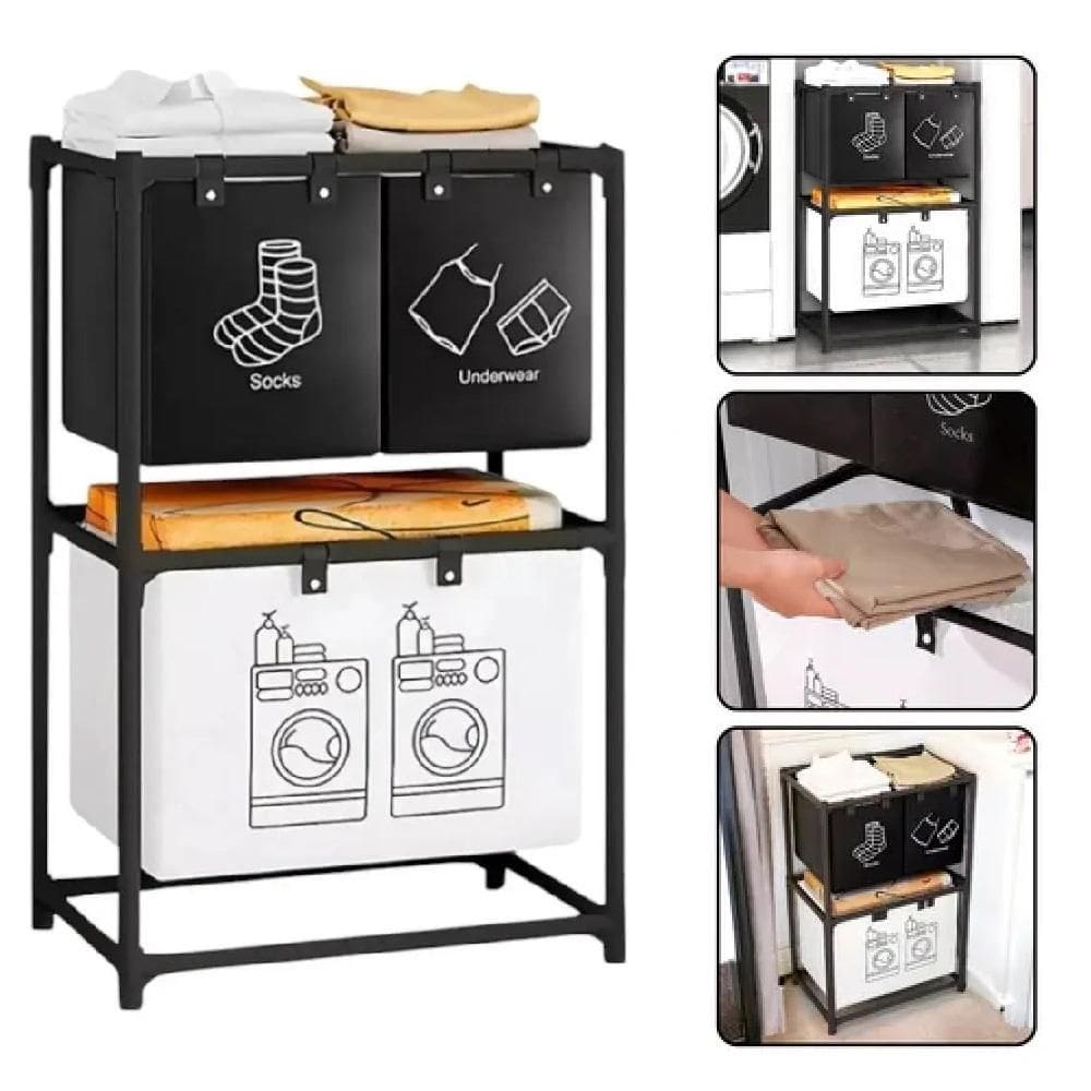 Cesto Lavanderia Triplo Estante Metal Roupa Suja 2 Andares Roupeiro 3 Divisorias Organizador Banheiro Multiuso Armario D