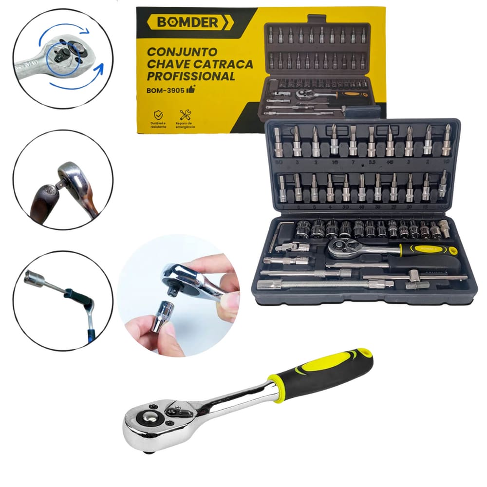 Kit Chave Catraca 46 Peças 1/4 Profissional com Soquetes Sextavados Bits Chave Allen Junta Universal Extensão Jogo Ferramentas Mecânico Automotivo