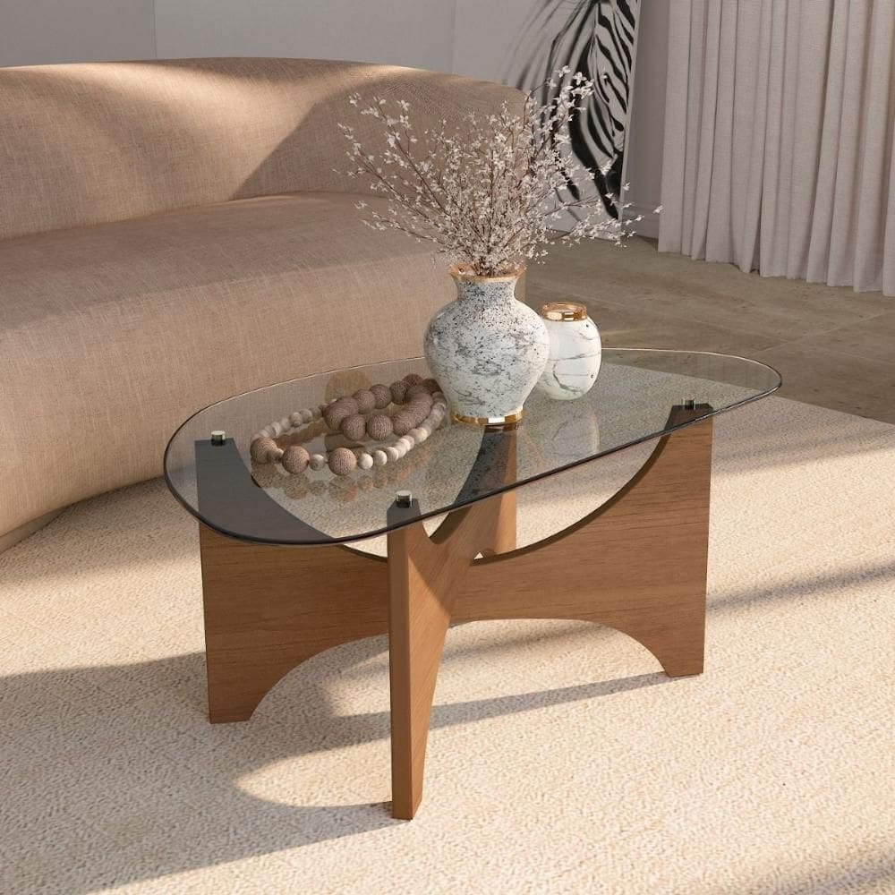 Bancada Central Vidro E Madeira Design Abstrato Sala De Estar