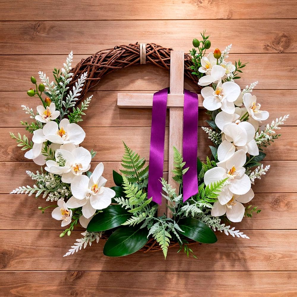 Guirlanda Cruz Flores Sagrada Enfeite Decoração Páscoa 45cm