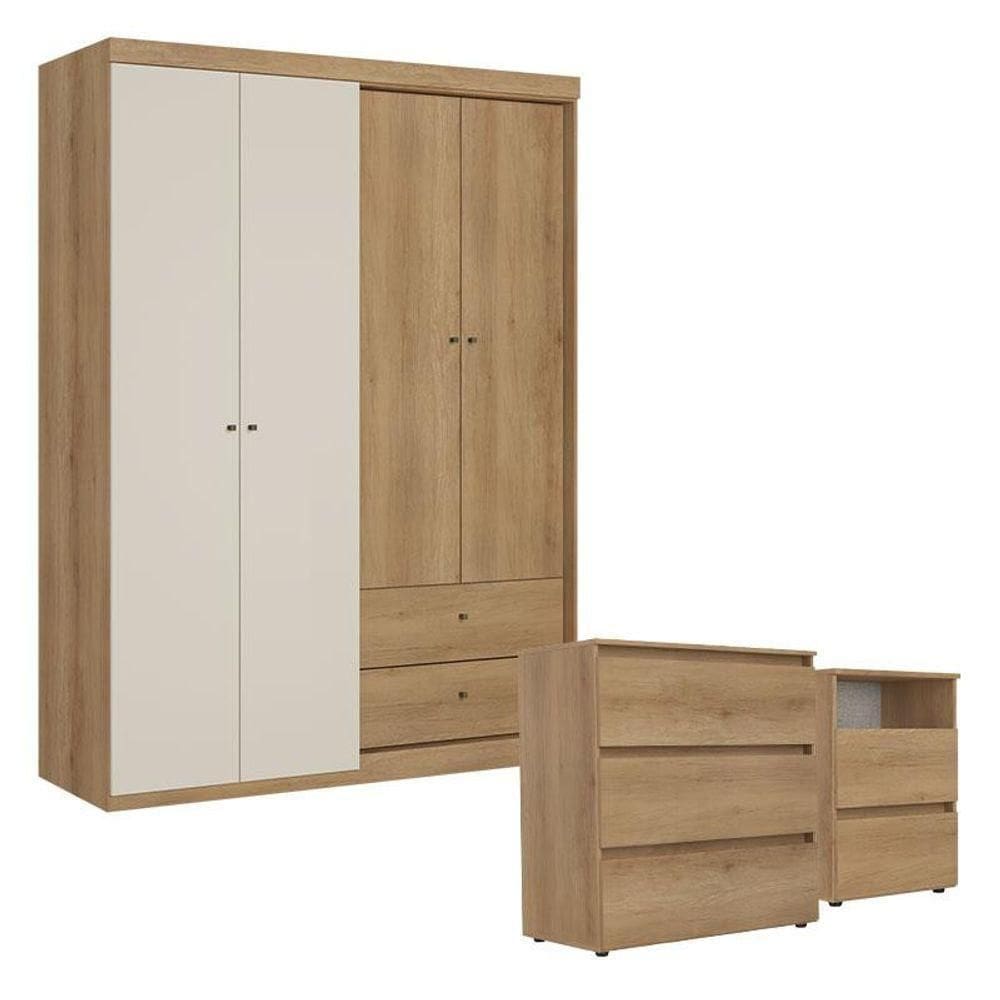 Guarda Roupa Solteiro Star 4 Portas Capuccino Off WhiteComCômoda Gaveteiro EMesa De Cabeceira Condessa Capuccino- Thb