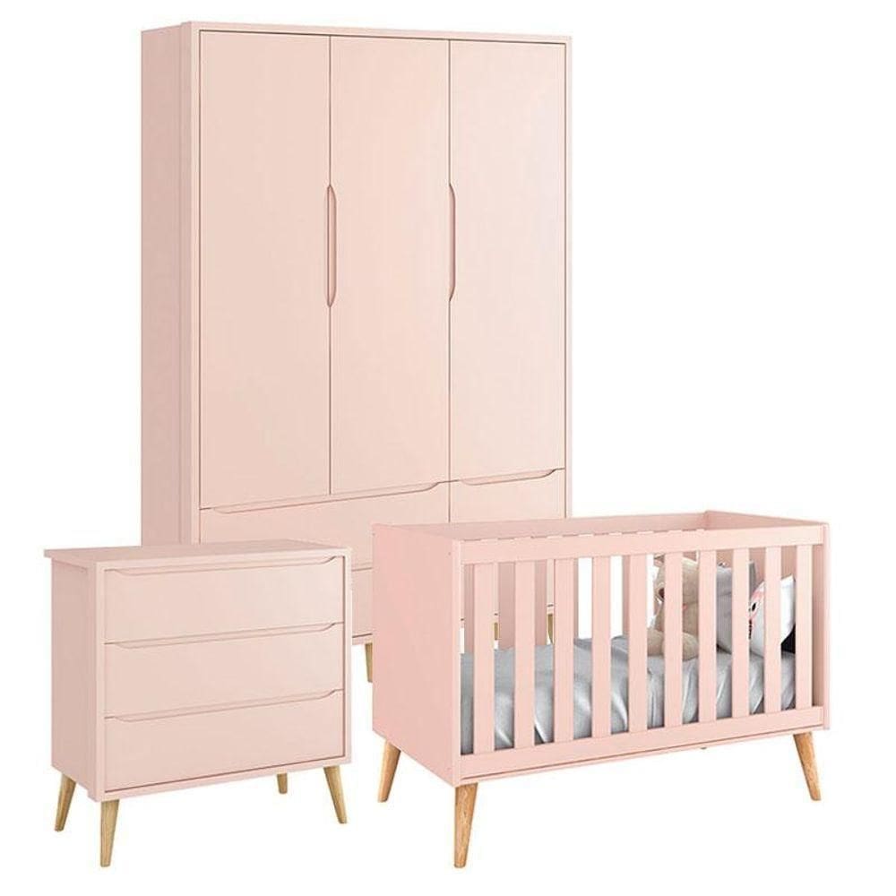 Quarto De Bebê Theo 3 Portas Cômoda Gaveteiro Rosa Com Pés Madeira Natural - Reller