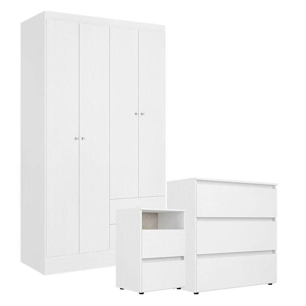 Guarda Roupa Solteiro Astro 4 Portas ComCômoda Gaveteiro Condessa EMesa De Cabeceira 2 Gavetas Condessa Branco- Thb