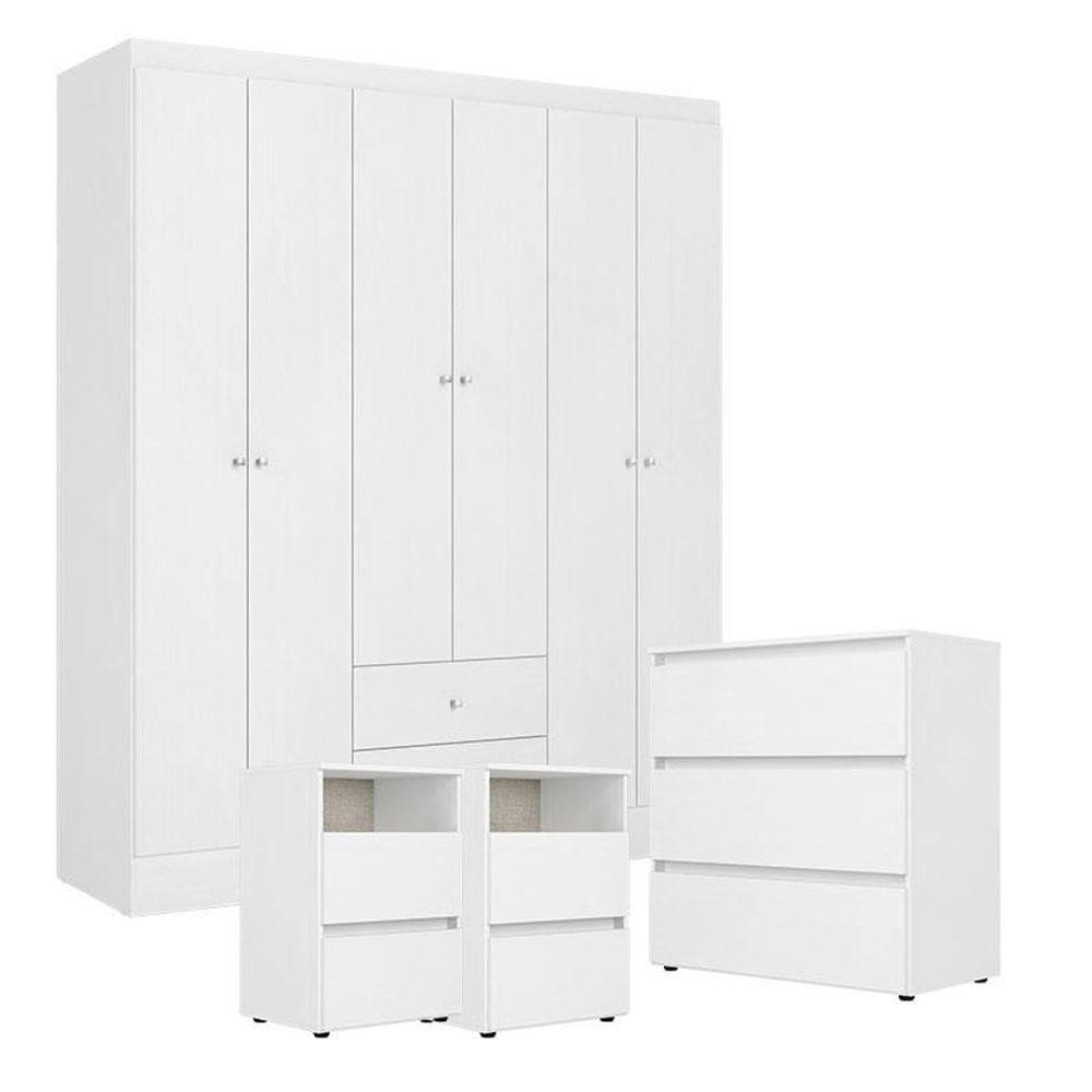 Guarda Roupa Casal Astro 6 PortasComCômoda CondessaE 2Mesas De Cabeceira Condessa Branco- Thb