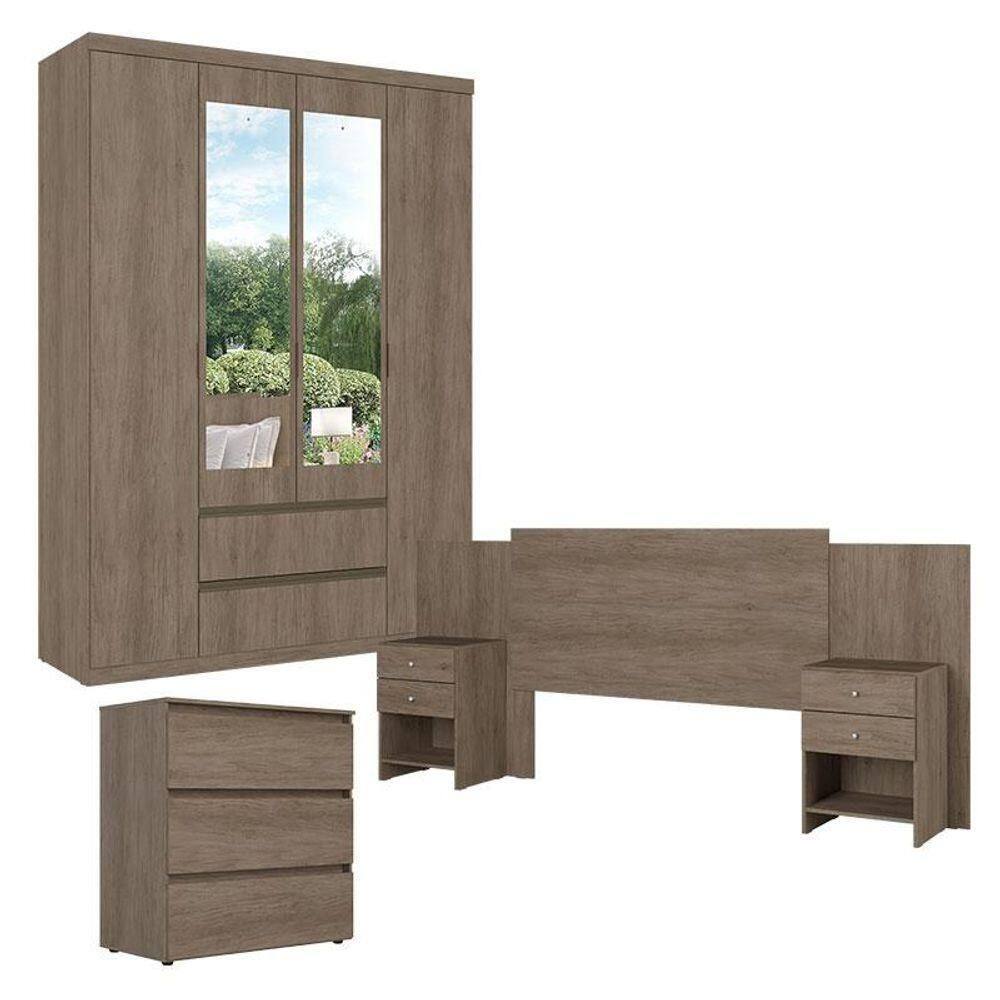 Guarda Roupa Solteiro Nobre Slim Glass 4 PortasComCômoda Gaveteiro Condessa E Cabeceira Formosa Rustic Acetinado- Thb