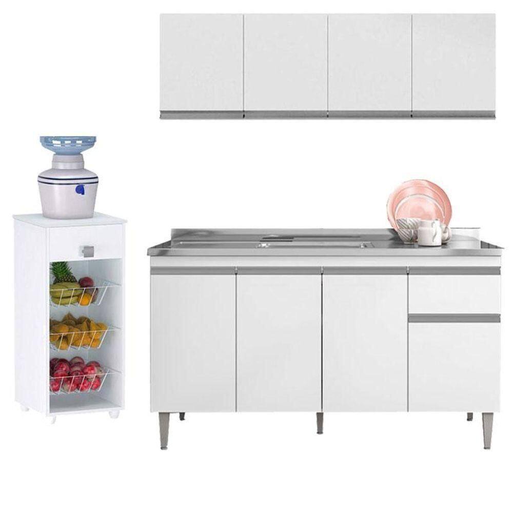 Balcão De Pia Tatiane 145 Cm E Armário Aéreo Andréia 4 Portas 150 Cm Com Fruteira Monalise Branco Brilho - Ajl