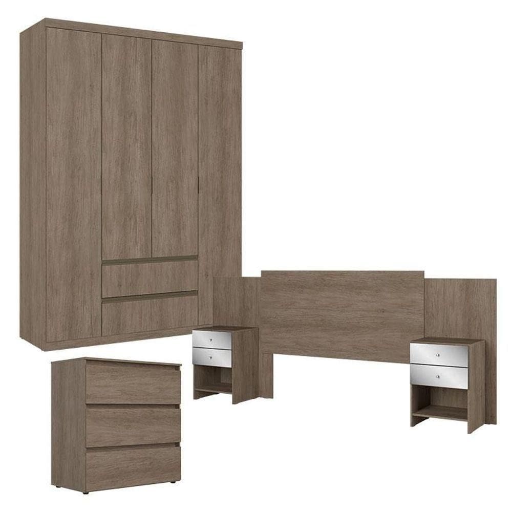 Guarda Roupa Solteiro Nobre 4 Portas ComCômoda Gaveteiro Condessa E Cabeceira Formosa Glass Rustic Acetinado- Thb